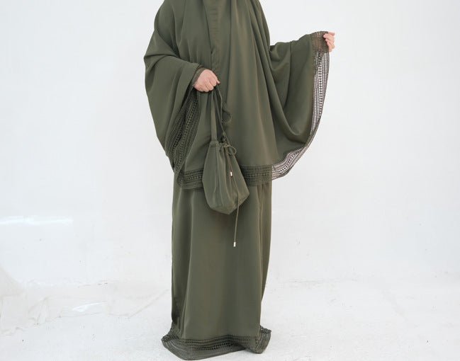 4-Piece Nida Prayer Set with Lace Trim – Umrah Prayer Abaya