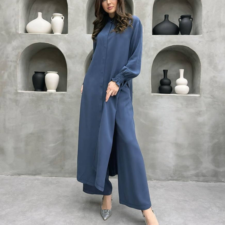 2-Piece Mandarin Collar Longline Shirt & Wide Leg Pants Set(MS418)