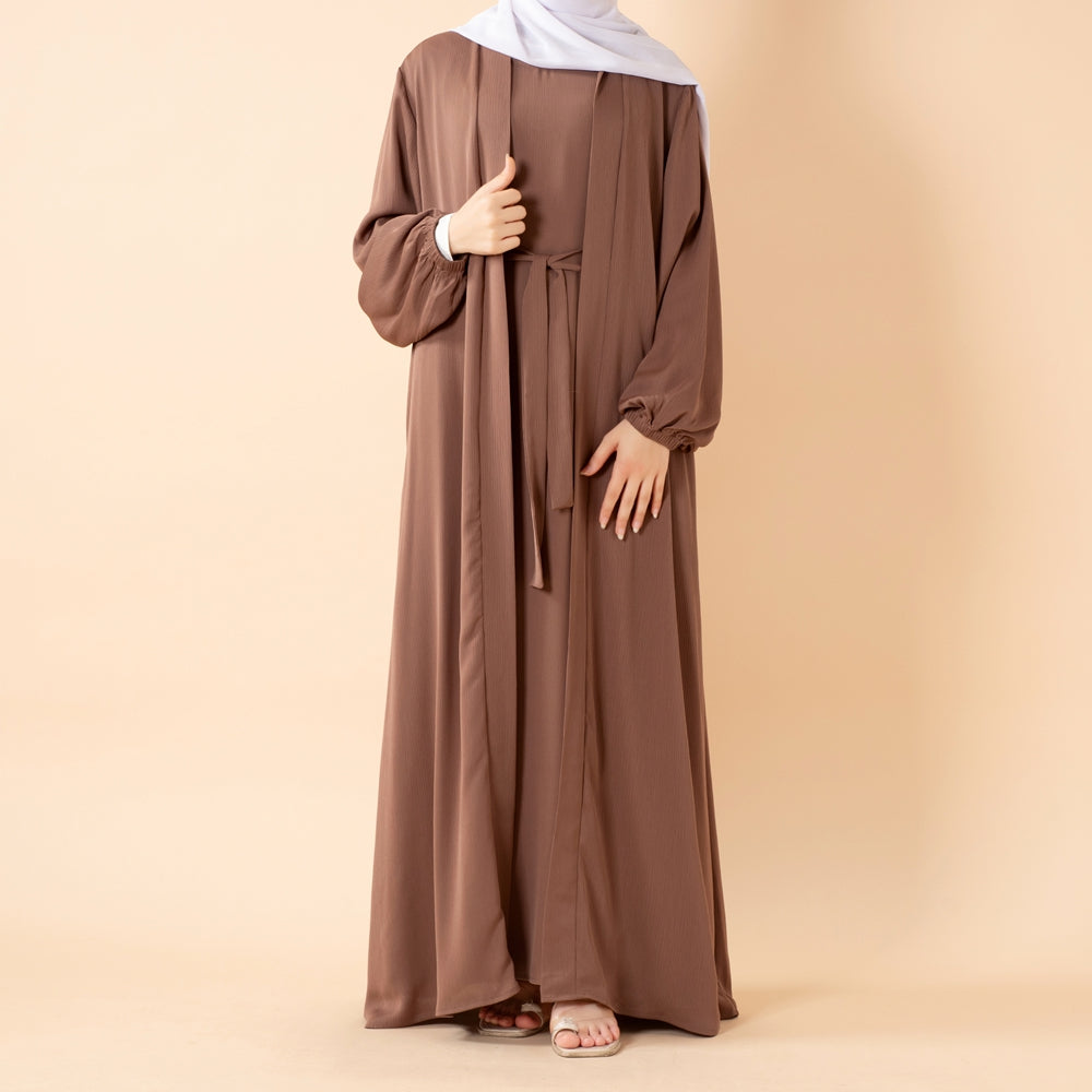 NIDA ZOOM Textured Abaya Set | 3-Piece Modest Dress with Pockets & Belt(MOA239)