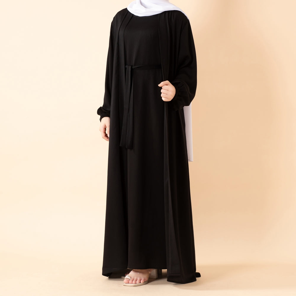 NIDA ZOOM Textured Abaya Set | 3-Piece Modest Dress with Pockets & Belt(MOA239)