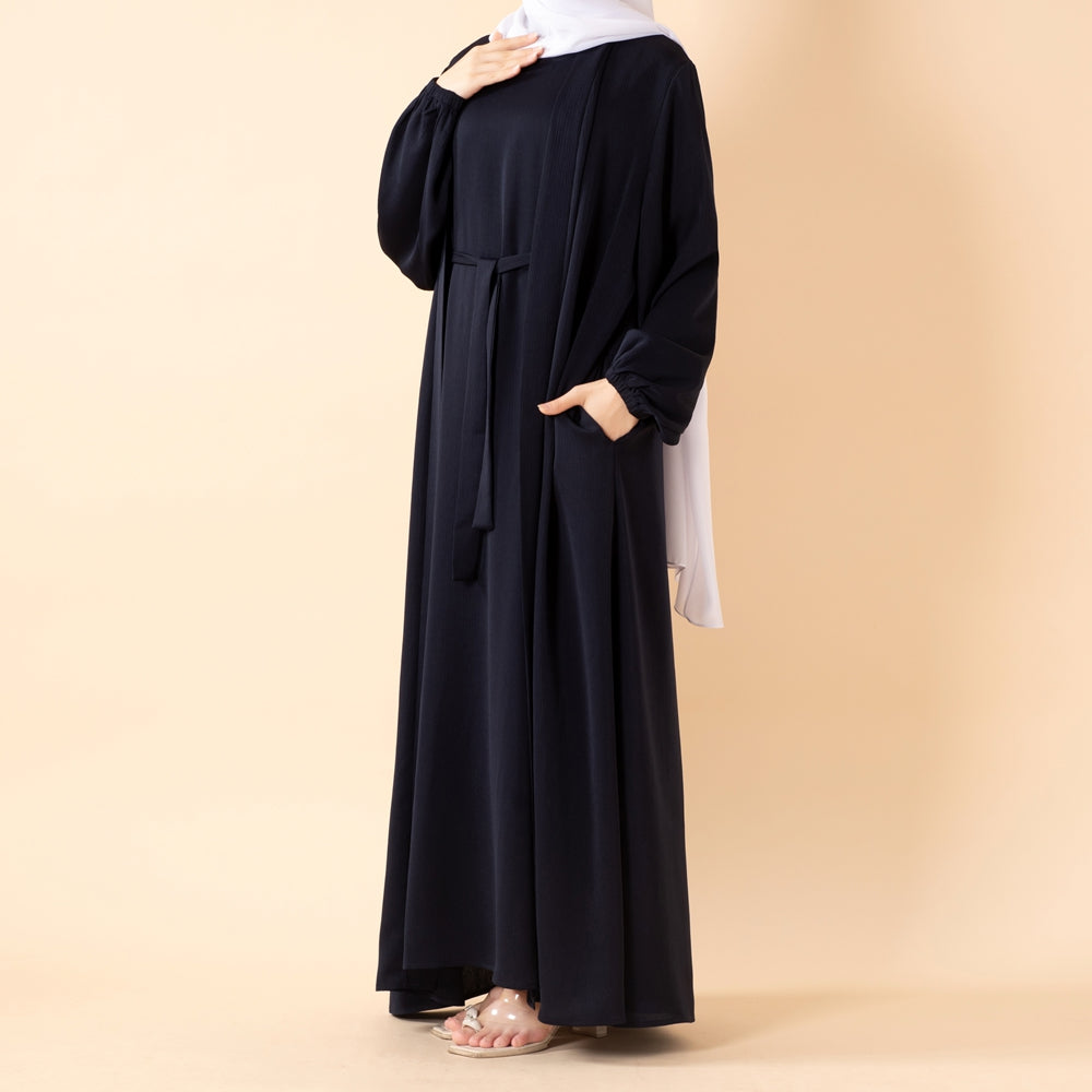 NIDA ZOOM Textured Abaya Set | 3-Piece Modest Dress with Pockets & Belt(MOA239)