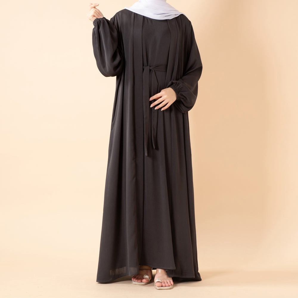 NIDA ZOOM Textured Abaya Set | 3-Piece Modest Dress with Pockets & Belt(MOA239)