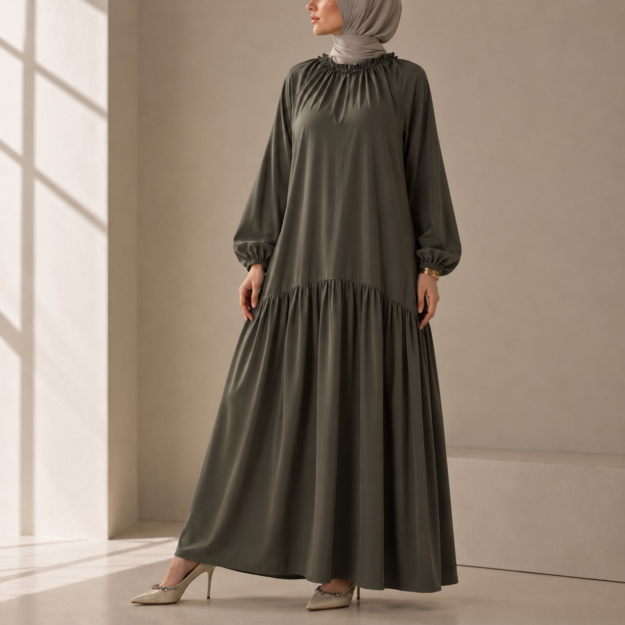 Ruffle Trim Pleated Relaxed Maxi Dress with Waist Tie(MA424) - Mariam's Collection