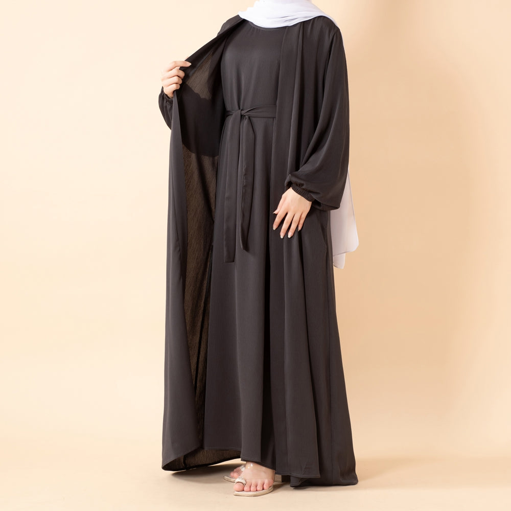 NIDA ZOOM Textured Abaya Set | 3-Piece Modest Dress with Pockets & Belt(MOA239)