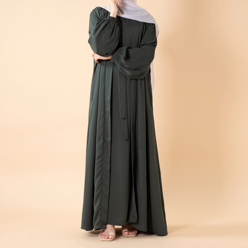 NIDA ZOOM Textured Abaya Set | 3-Piece Modest Dress with Pockets & Belt(MOA239)