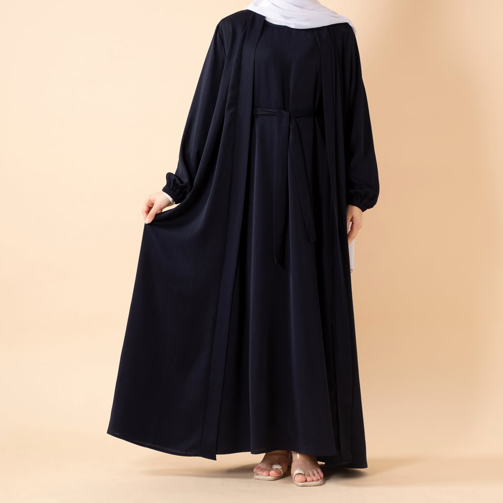 NIDA ZOOM Textured Abaya Set | 3-Piece Modest Dress with Pockets & Belt(MOA239)