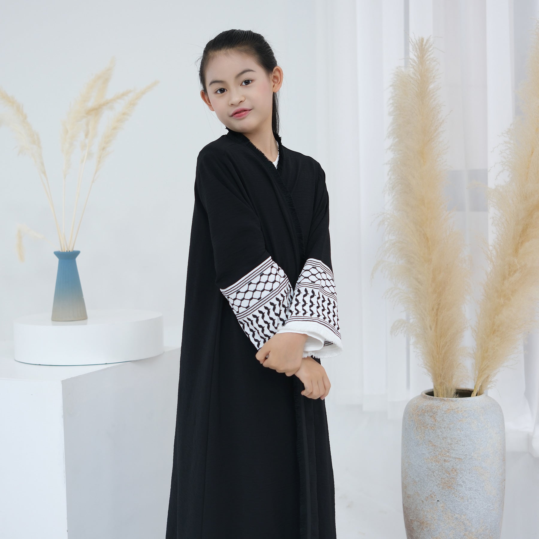 Embroidered Children's Abaya Set Pakistan Geometric Print Robe Abaya with Matching Belt (MKG015)