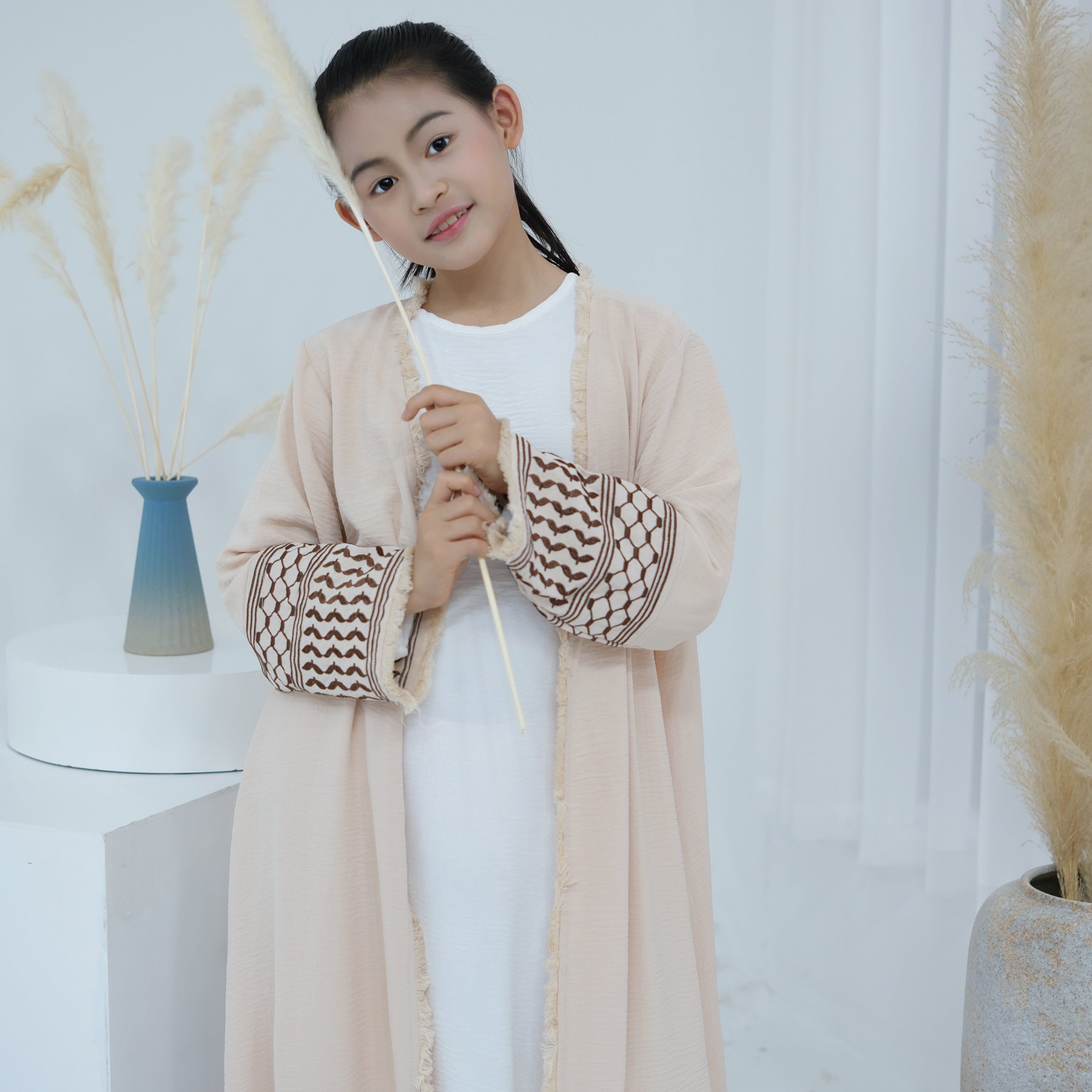 Embroidered Children's Abaya Set Pakistan Geometric Print Robe Abaya with Matching Belt (MKG015)
