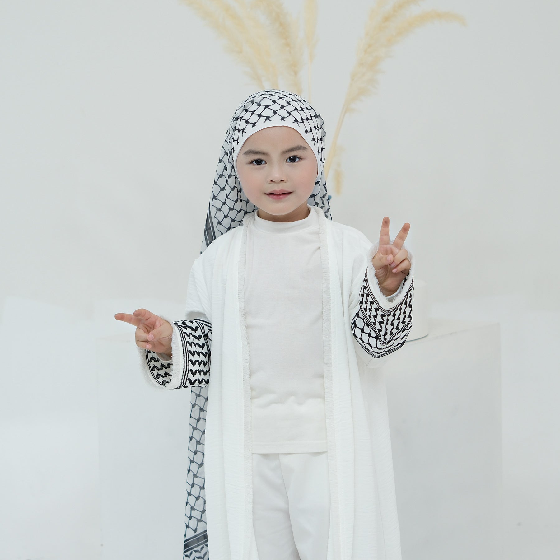 Embroidered Children's Abaya Set Pakistan Geometric Print Robe Abaya with Matching Belt (MKG015)
