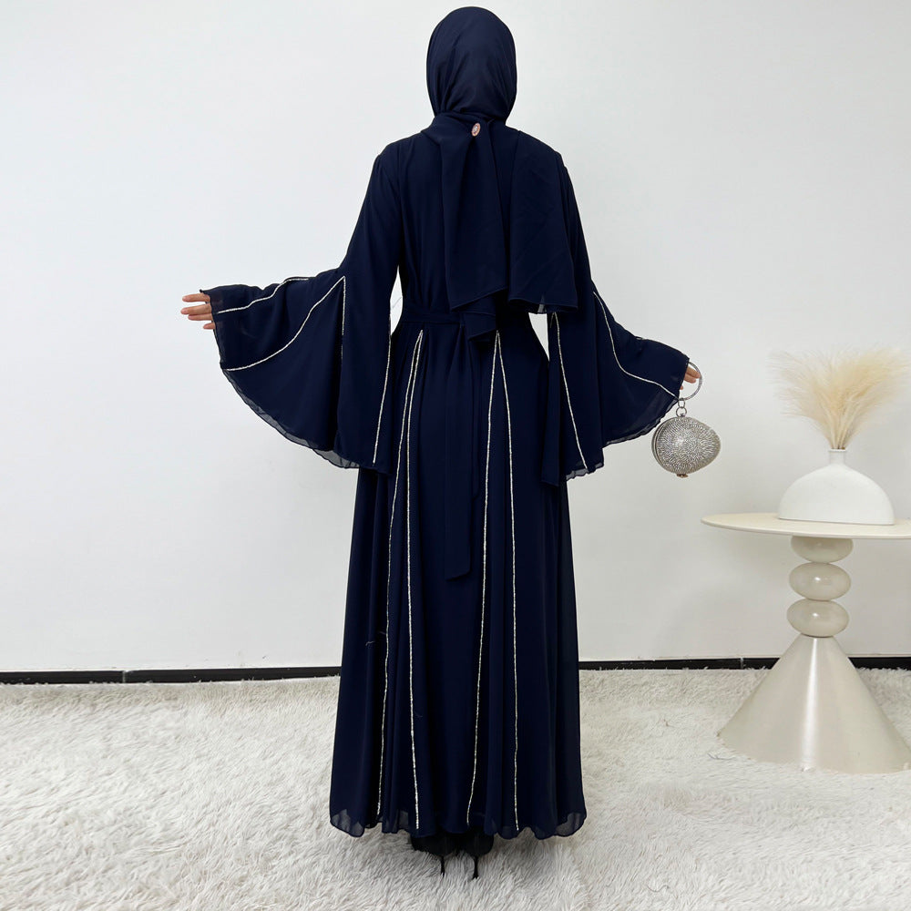 Elegant Chiffon Abaya Set with Hijab | Round Neck Bell Sleeve Maxi Dress with Rhinestone Trim(MA325)