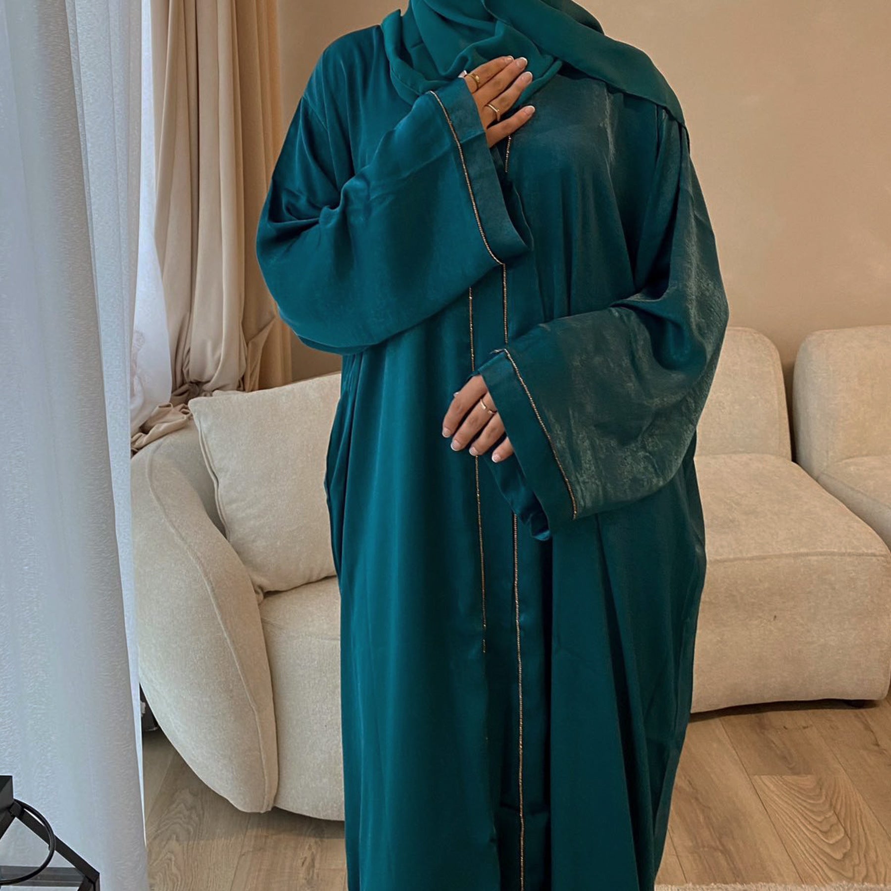 Solid Colour Trimmed Abaya Cardigan 3 - Piece Set (MOA055) - Mariam's Collection