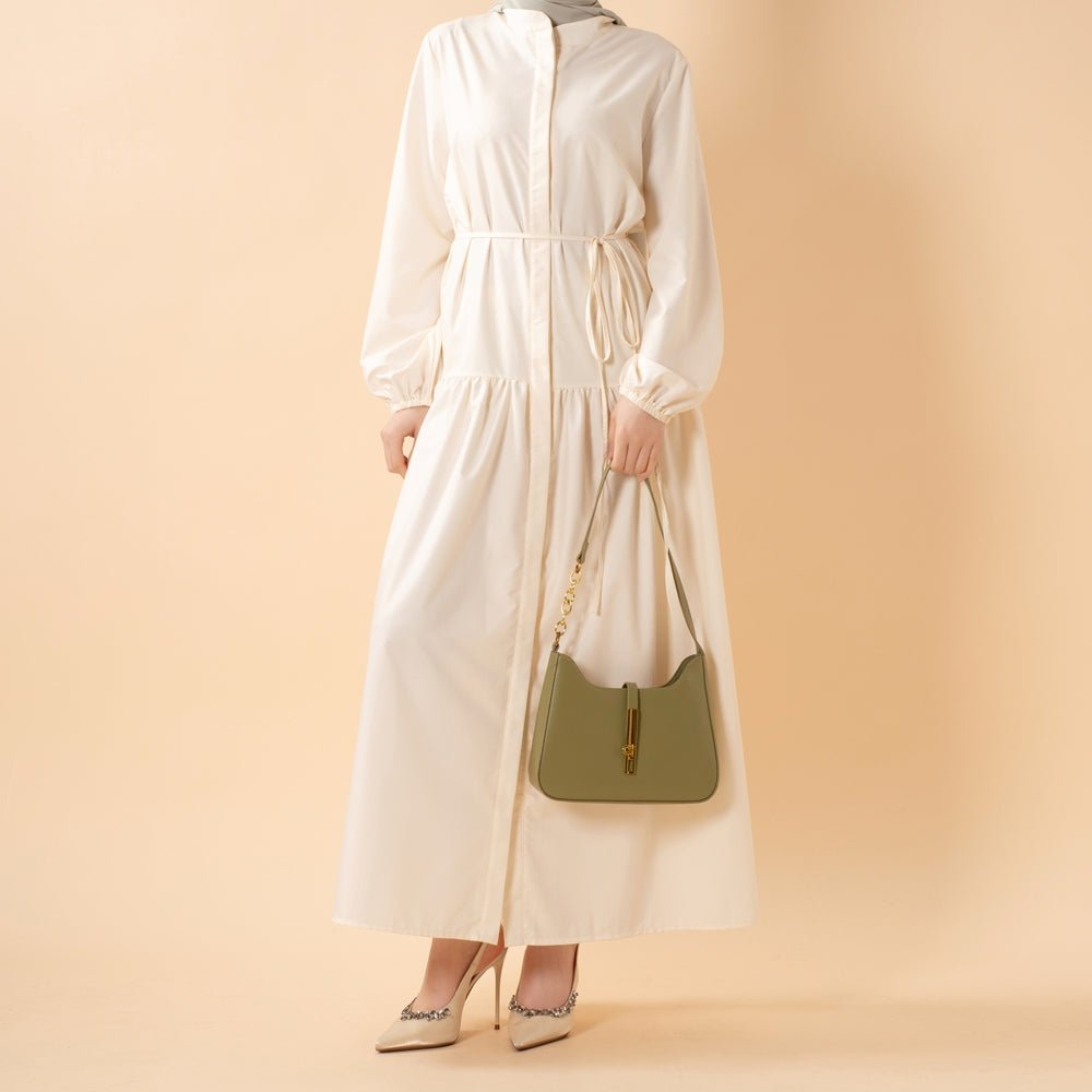Lightweight Lenzing Modal blend fabric drape detail on maxi abaya