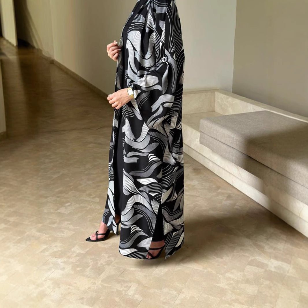 Abstract Wave Print Kimono Abaya | Oversized Open-Front Cardigan Abaya