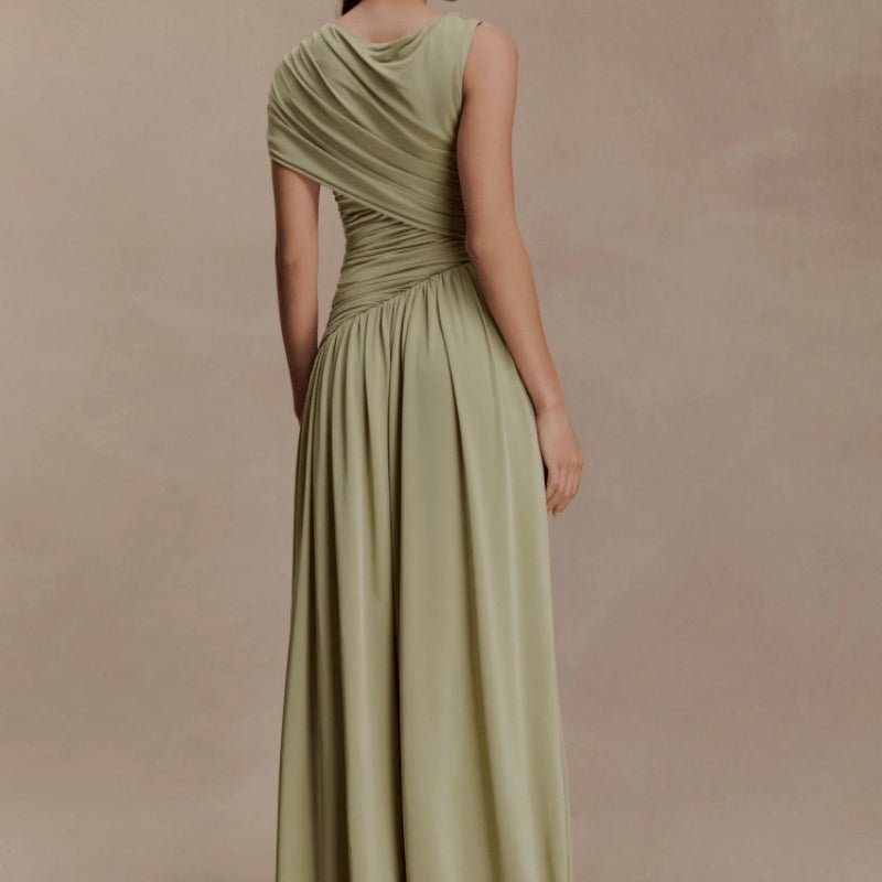 Full-length A-line silhouette of stretch jersey formal maxi dress in sage green