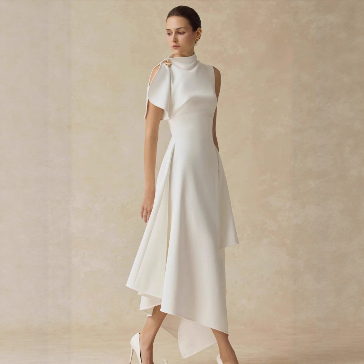 Asymmetric Draped Shoulder Hi - Lo Formal Dress(MS416) - Mariam's Collection
