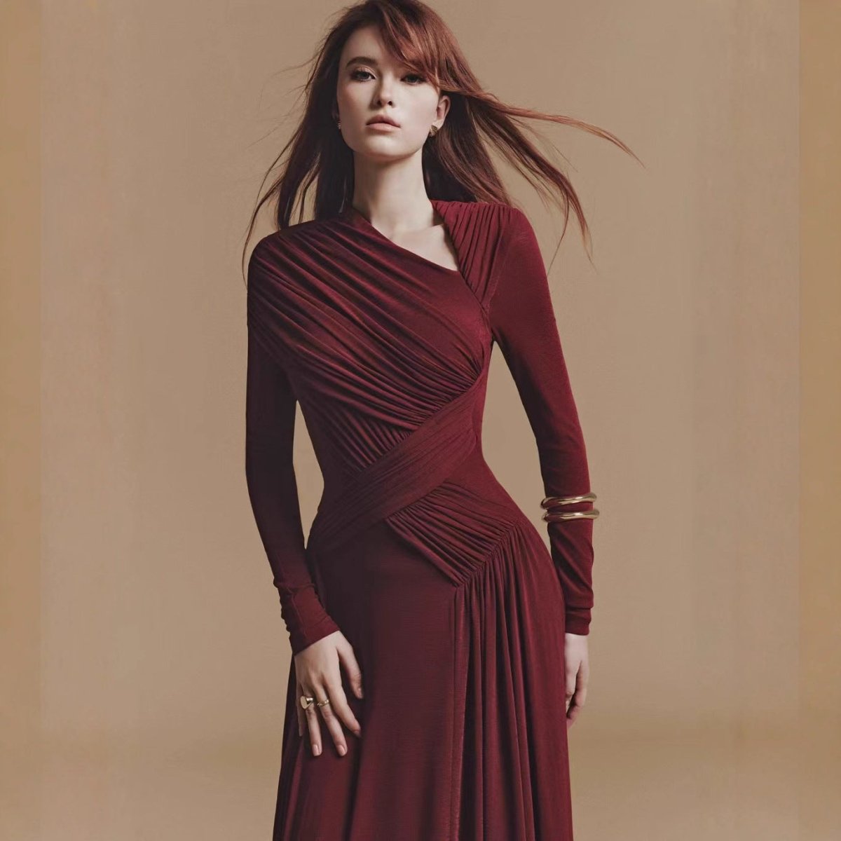 Asymmetric Ruched Gown with Diagonal Draping(MS262) - Mariam's Collection