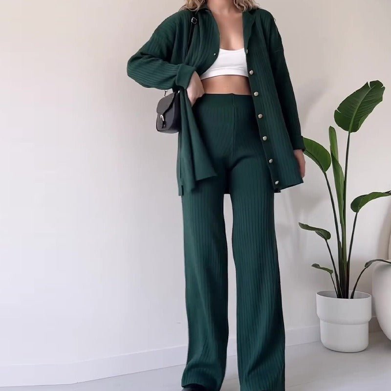 Autumn Winter Knit Two - Piece Set | Button - Up Collar Top & Elastic Waist Pants(MS125) - Mariam's Collection