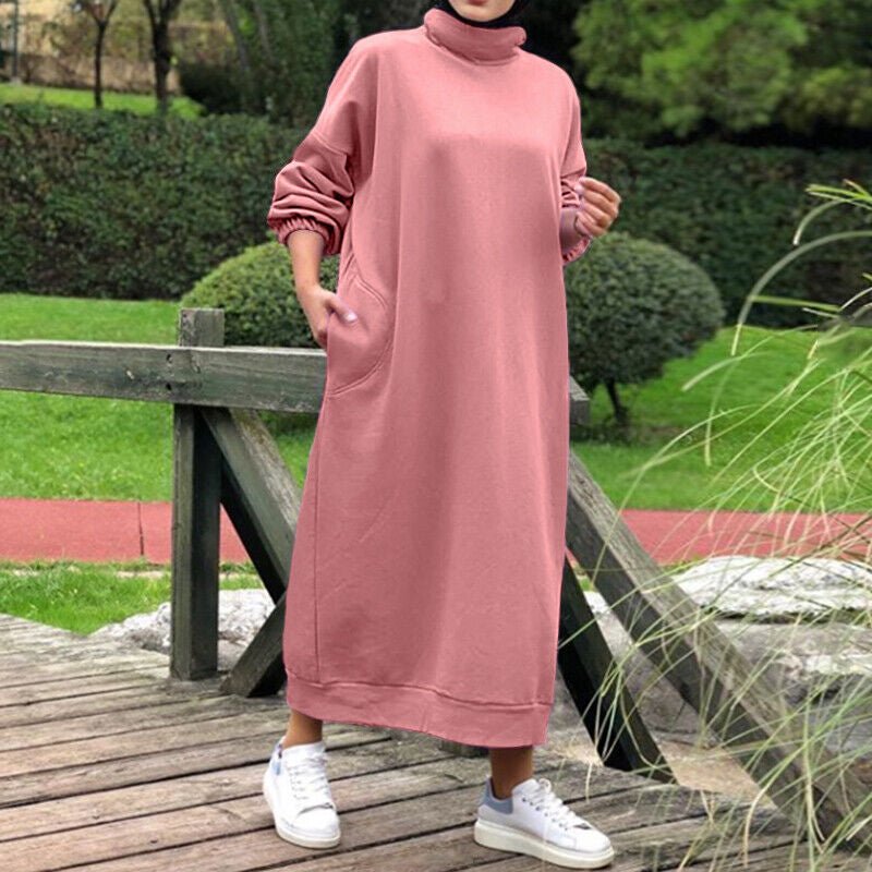 Autumn Winter Lined Turtleneck Maxi Dress | Casual Sweatshirt Dress with Elastic Cuffs (MS138) - Mariam's Collection