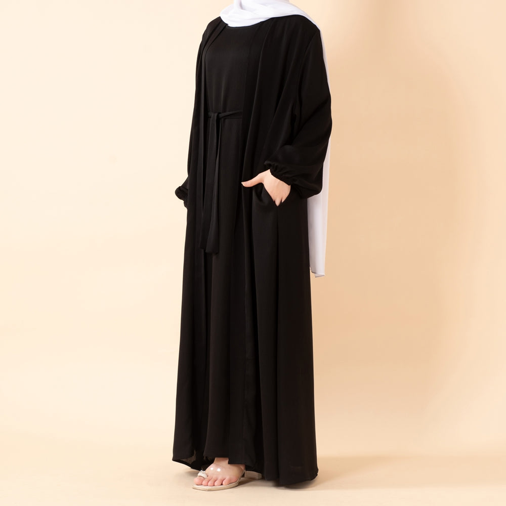 NIDA ZOOM Textured Abaya Set | 3-Piece Modest Dress with Pockets & Belt(MOA239)