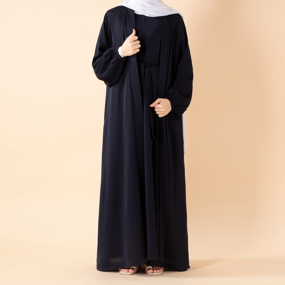 NIDA ZOOM Textured Abaya Set | 3-Piece Modest Dress with Pockets & Belt(MOA239)