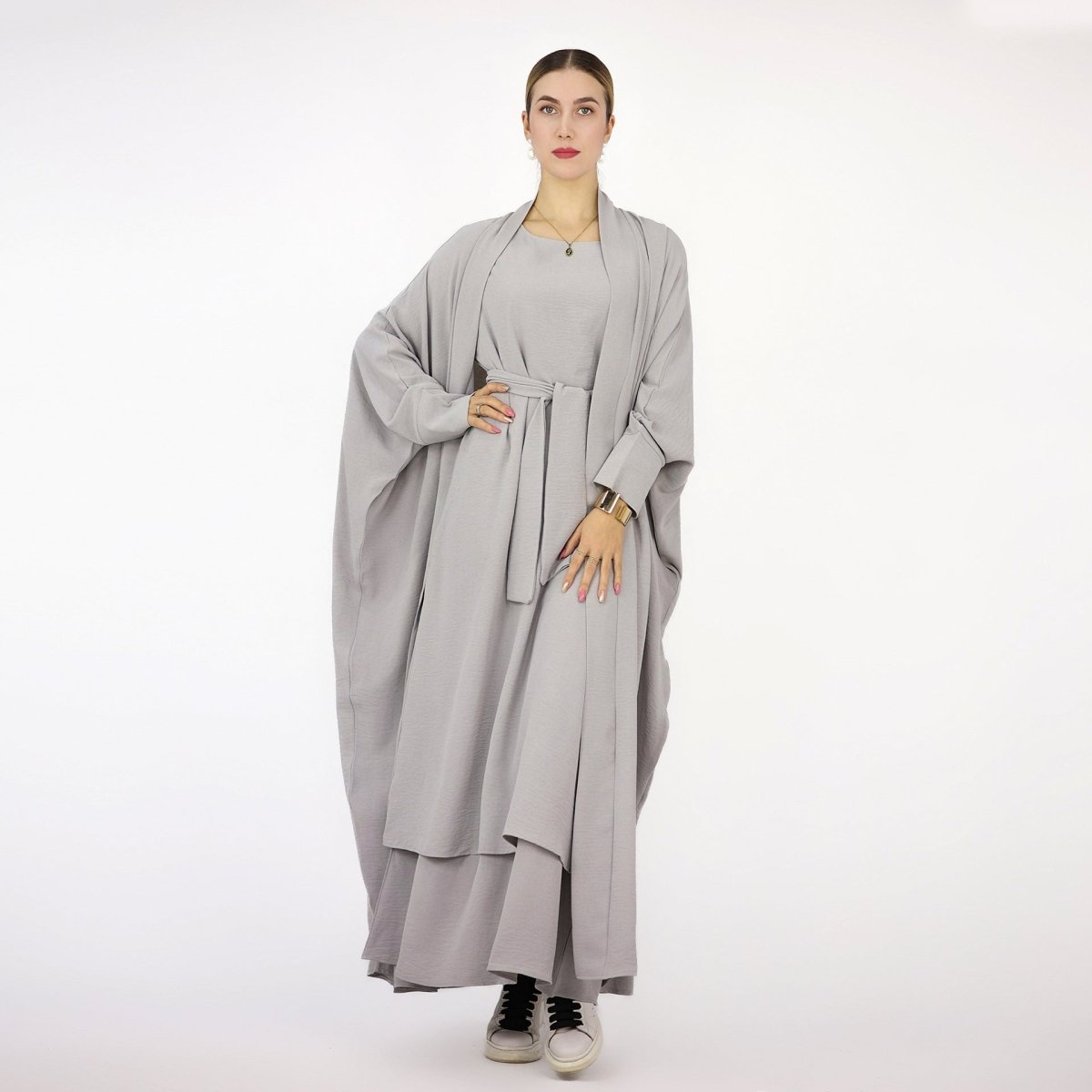 Bat Sleeve Abaya Solid Colour Dress 3 - Piece Abaya Set (MOA052) - Mariam's Collection
