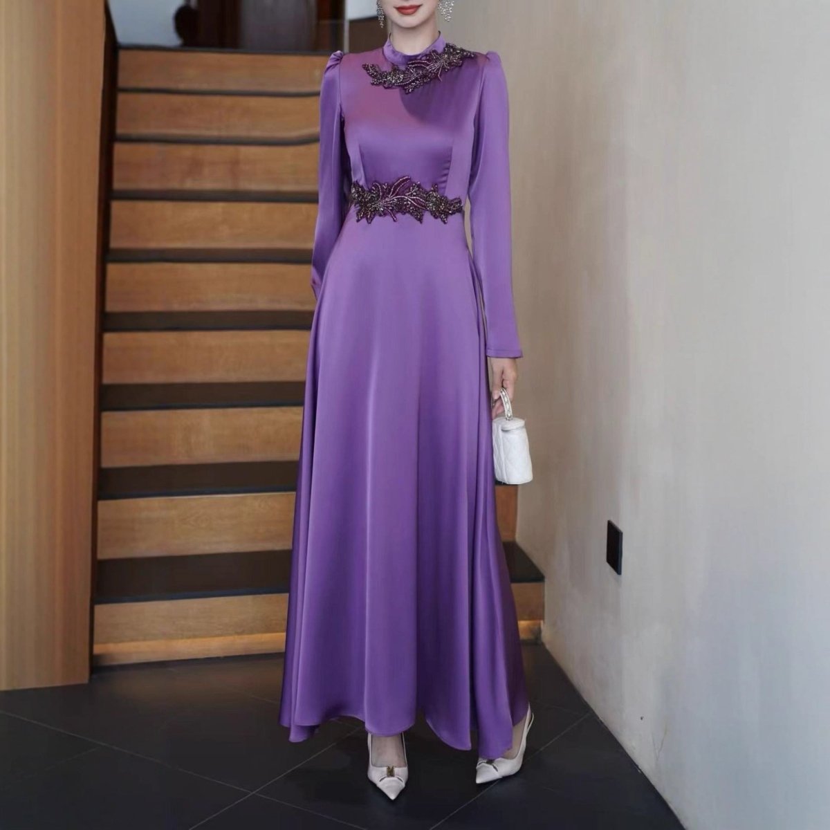 Beaded Embellished Maxi Dress – Satin Evening Gown