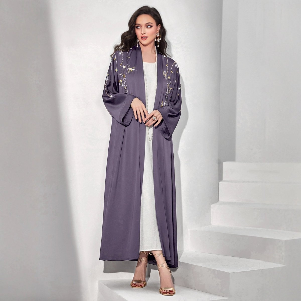 Beaded Floral Vine Abaya | Open-Front Embellished Cardigan