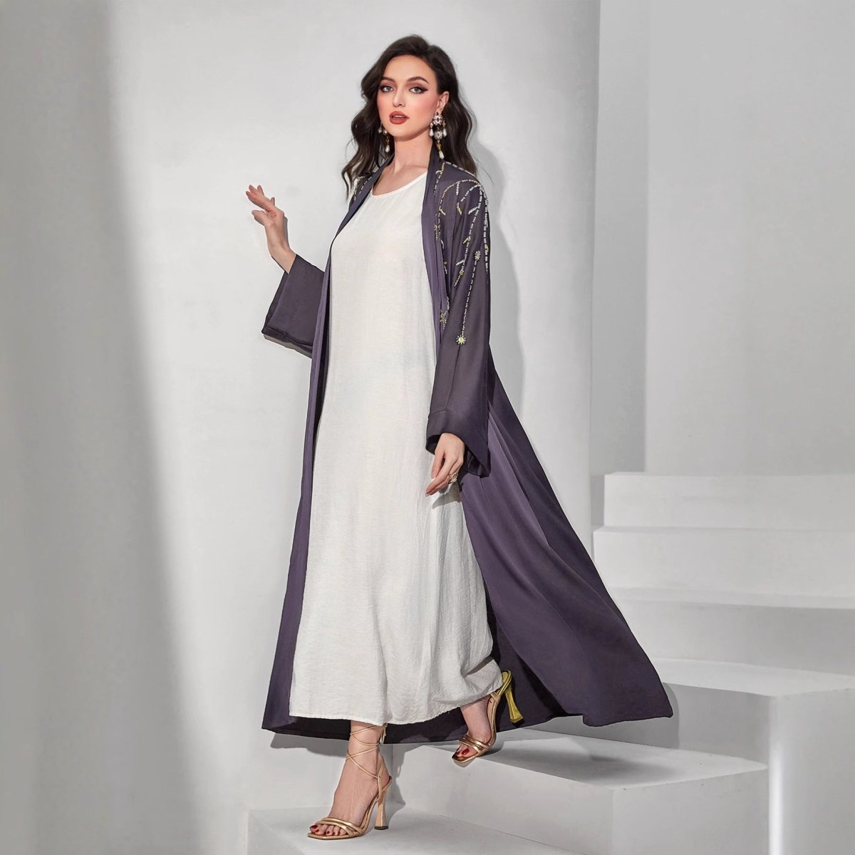 Beaded Floral Vine Abaya | Open-Front Embellished Cardigan
