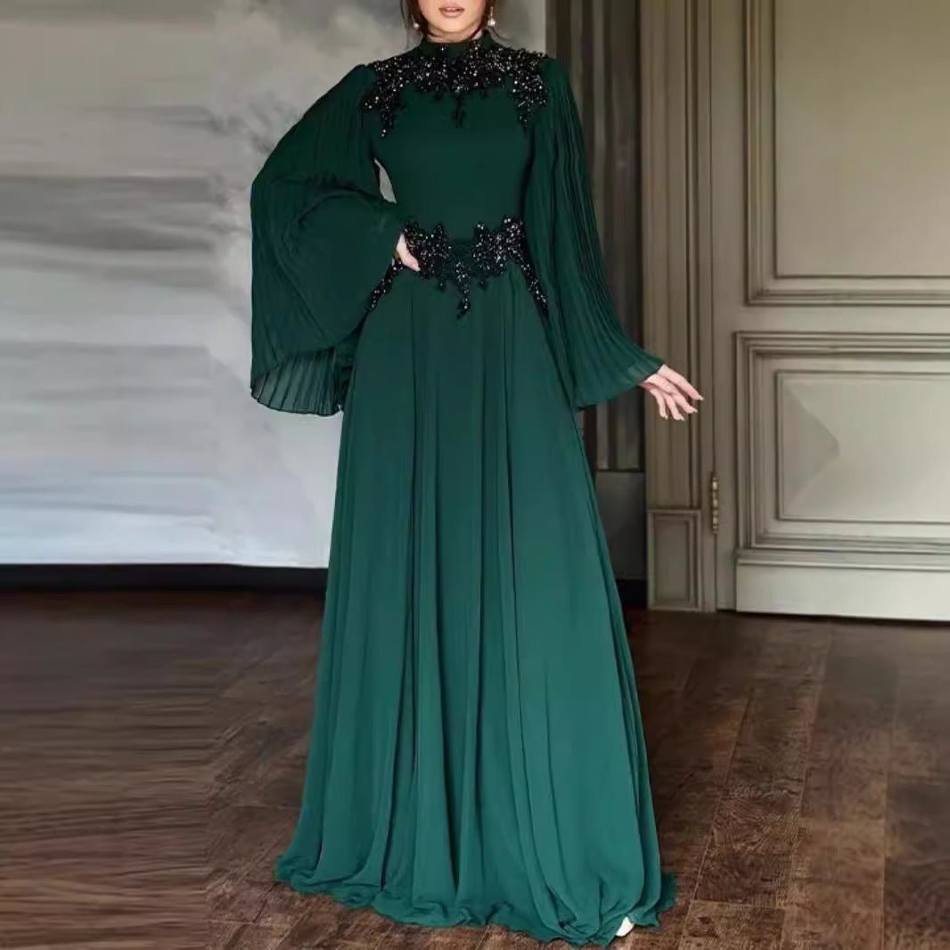 Beaded Lace Evening Gown | Pleated Sleeve Maxi Dress with Crystal Applique(MA346) - Mariam's Collection