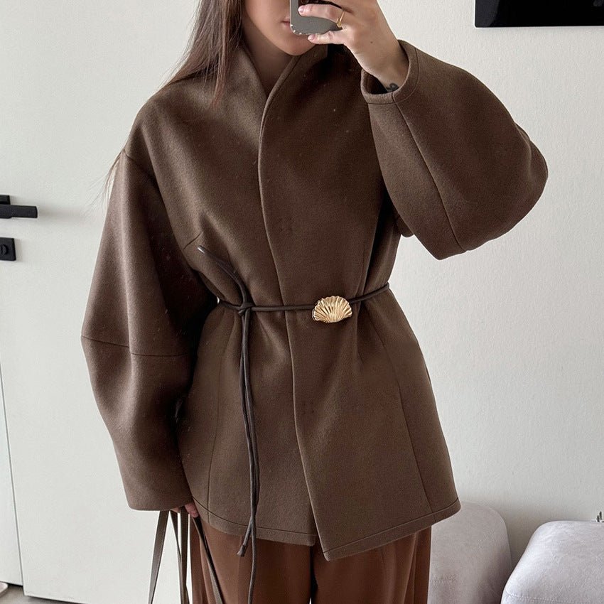 Belted Wool Coat with Shell Brooch(MS255) - Mariam's Collection