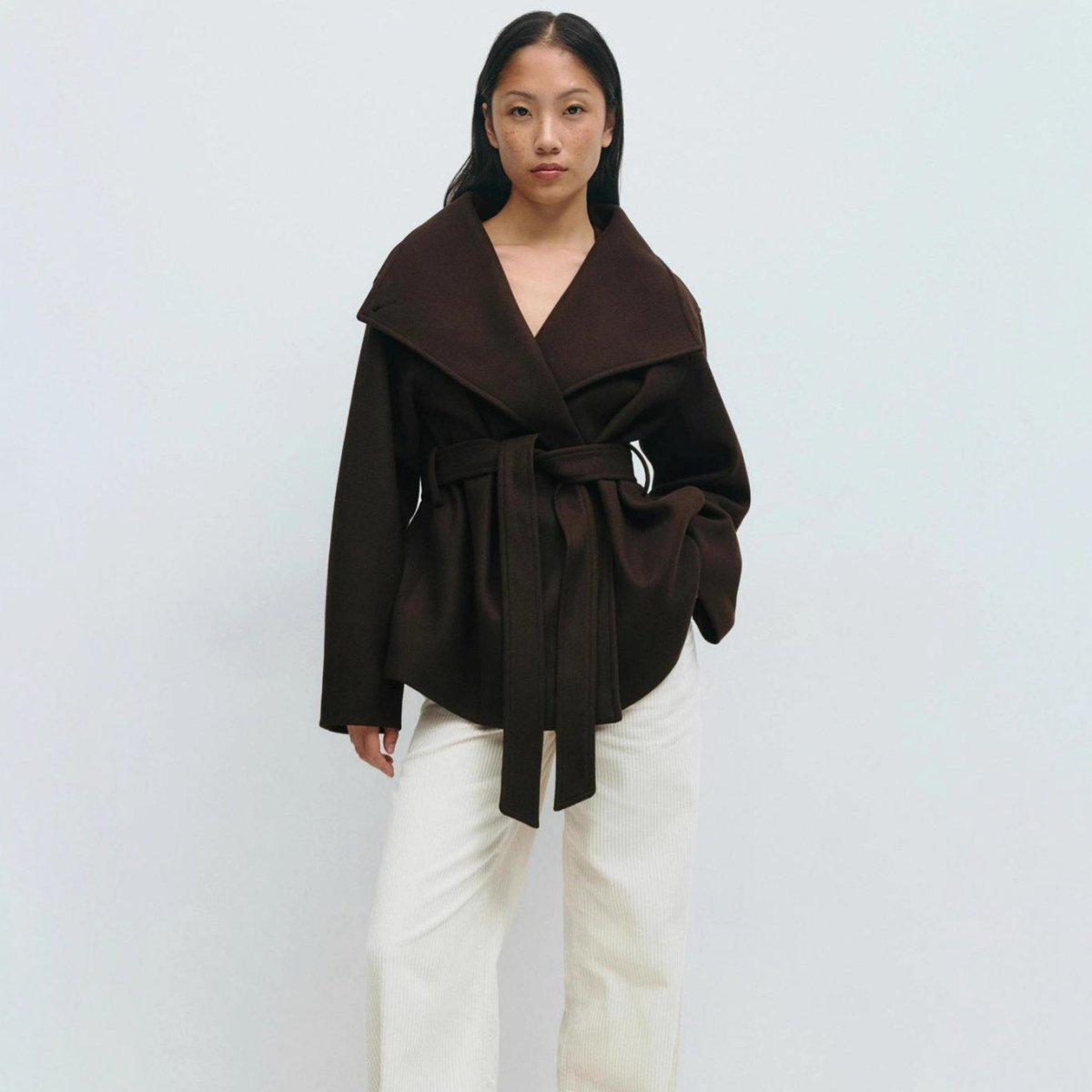 Belted Wrap Coat with Wide Collar | Double - Faced Wool Blend Jacket(MS254) - Mariam's Collection