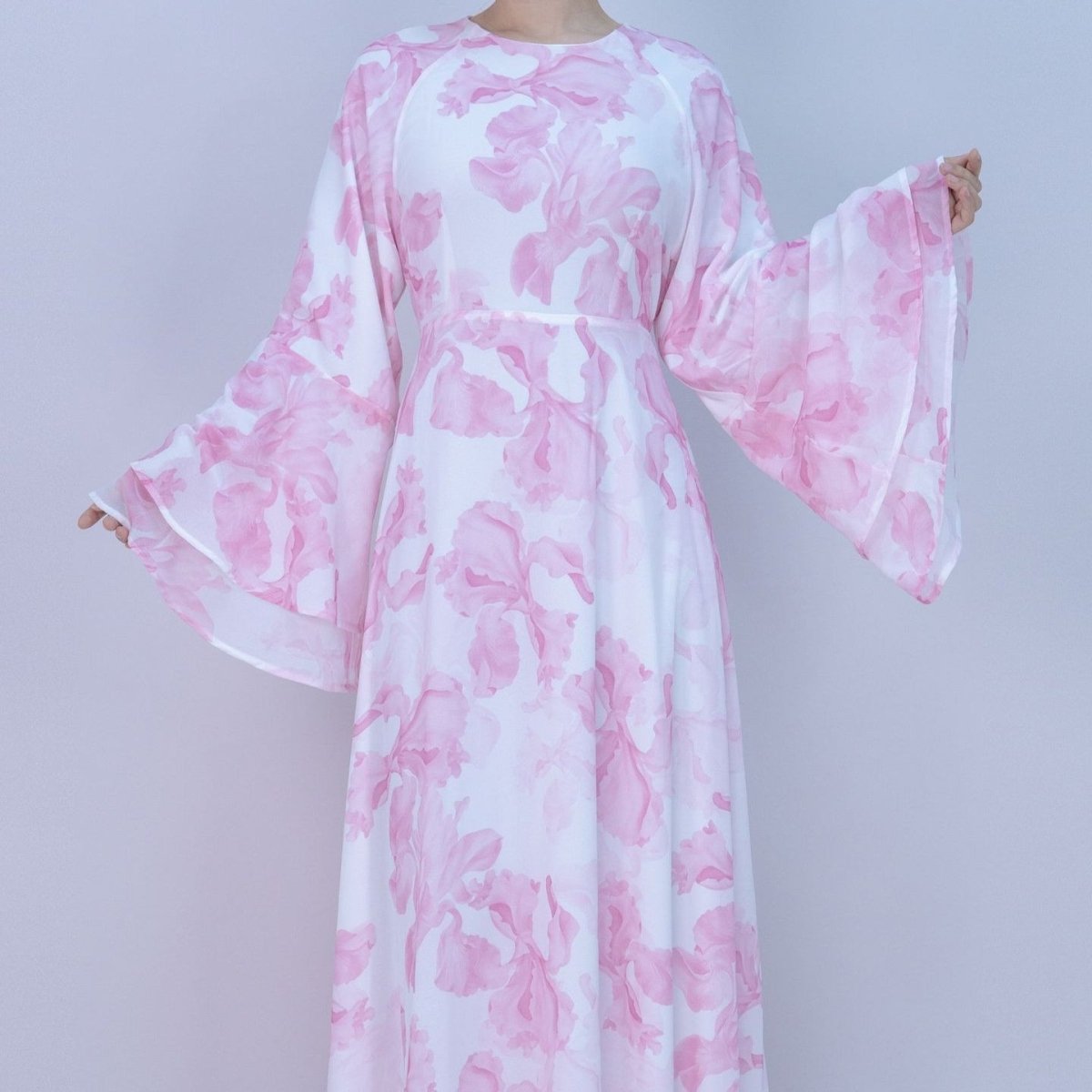 Blossom Printed Chiffon Abaya | Flared Sleeve Abaya (MA149) - Mariam's Collection