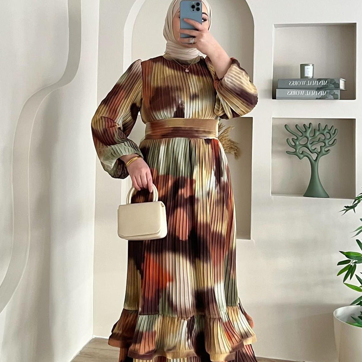 Bohemian Earth - Tone Maxi Dress Long Sleeve Crew Neck Pleated Dress. (MA237) - Mariam's Collection