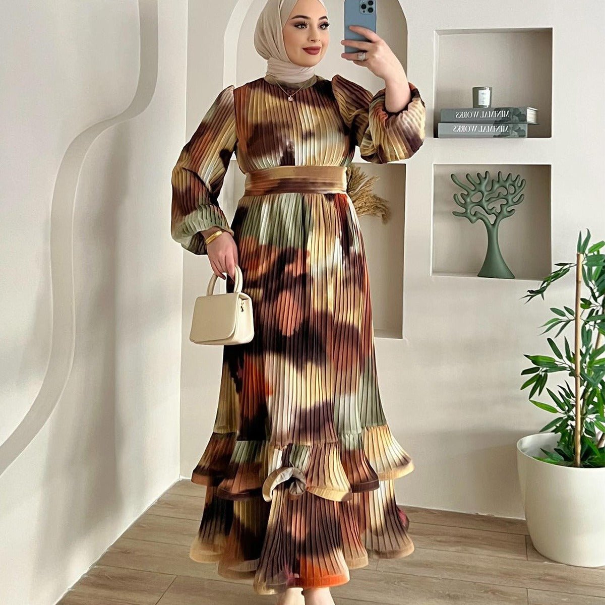 Bohemian Earth - Tone Maxi Dress Long Sleeve Crew Neck Pleated Dress. (MA237) - Mariam's Collection