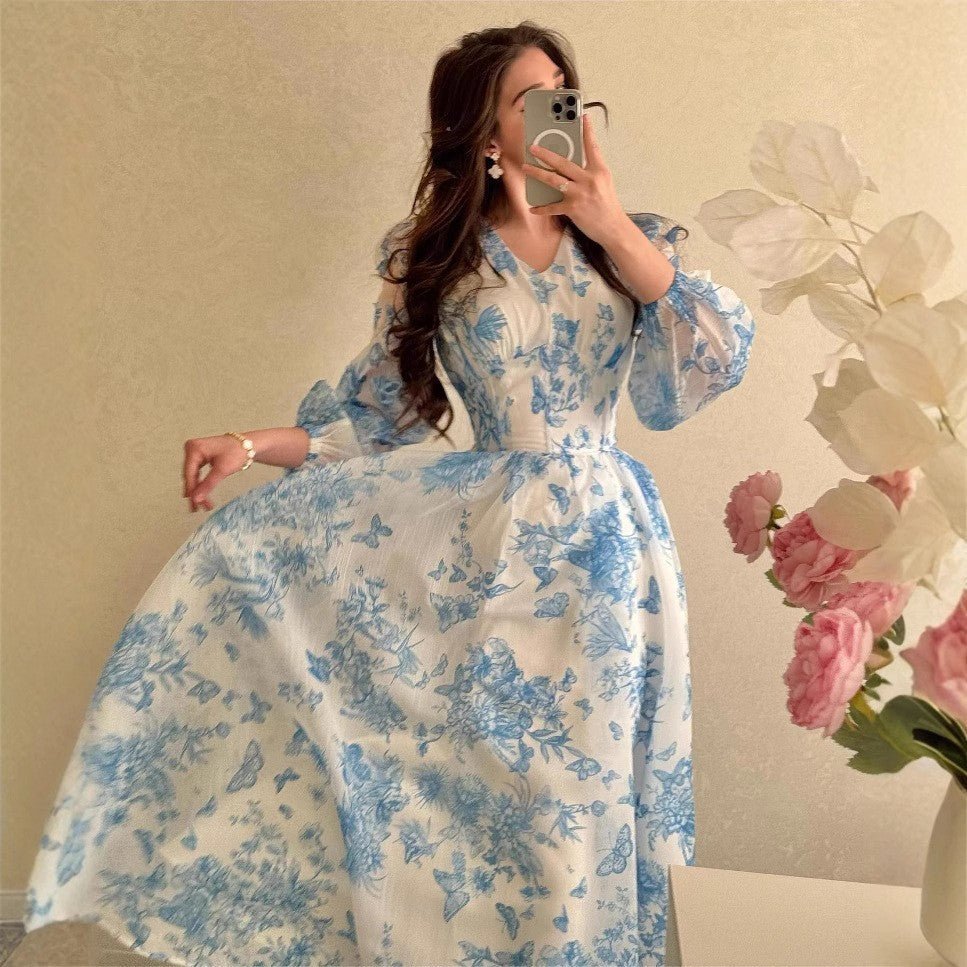 Botanical Print Maxi Dress — Chinoiserie Floral Modest Gown