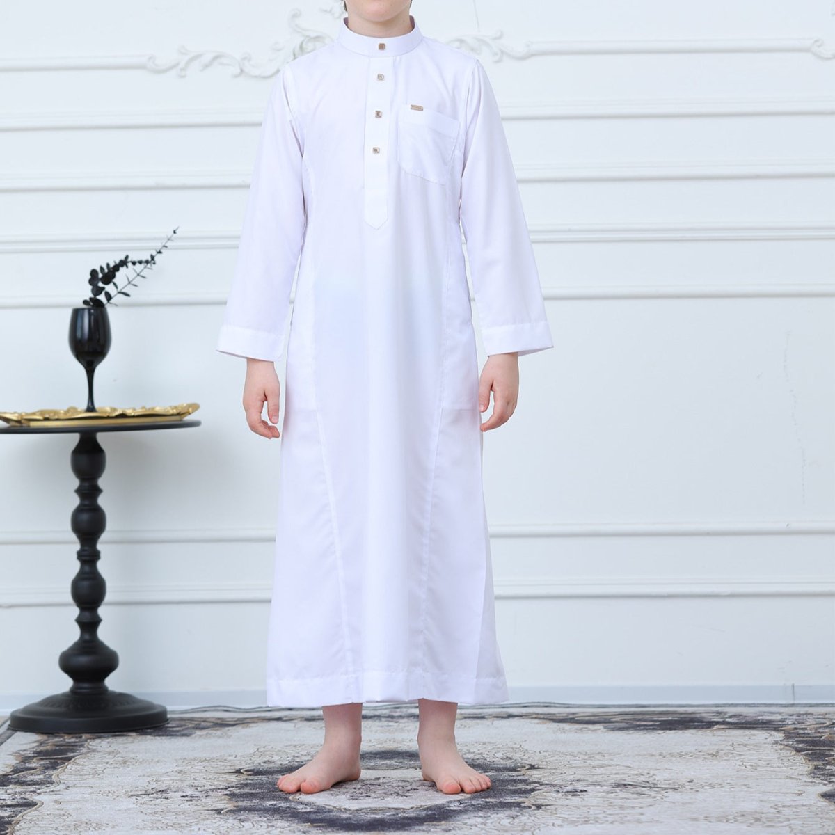 Boys White Thobe with Stand Collar – Kids Eid Thobe