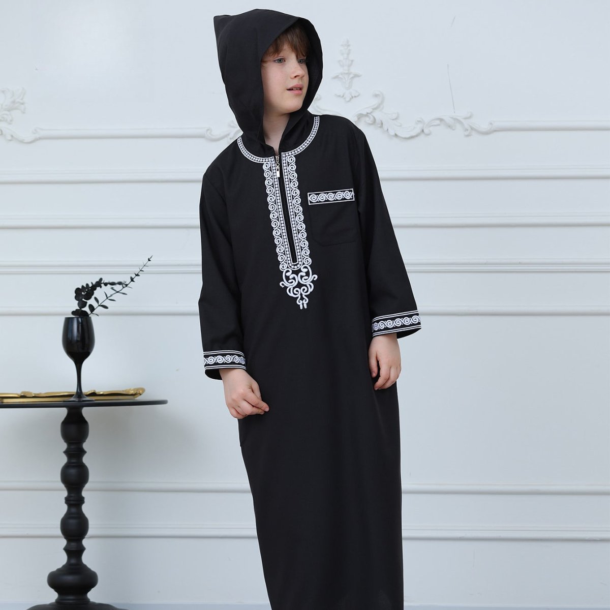 Boys Embroidered Hooded Thobe with Pockets(MKB010) - Mariam's Collection