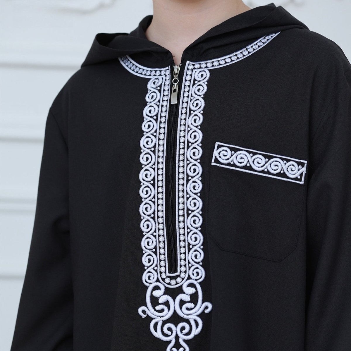 Boys Embroidered Hooded Thobe with Pockets(MKB010) - Mariam's Collection