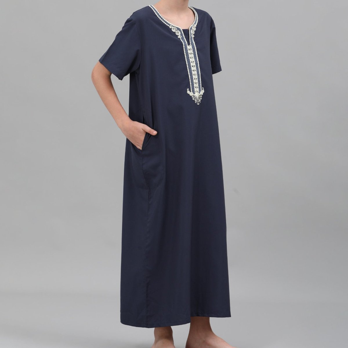 Navy blue kids thobe with silver geometric embroidery panel