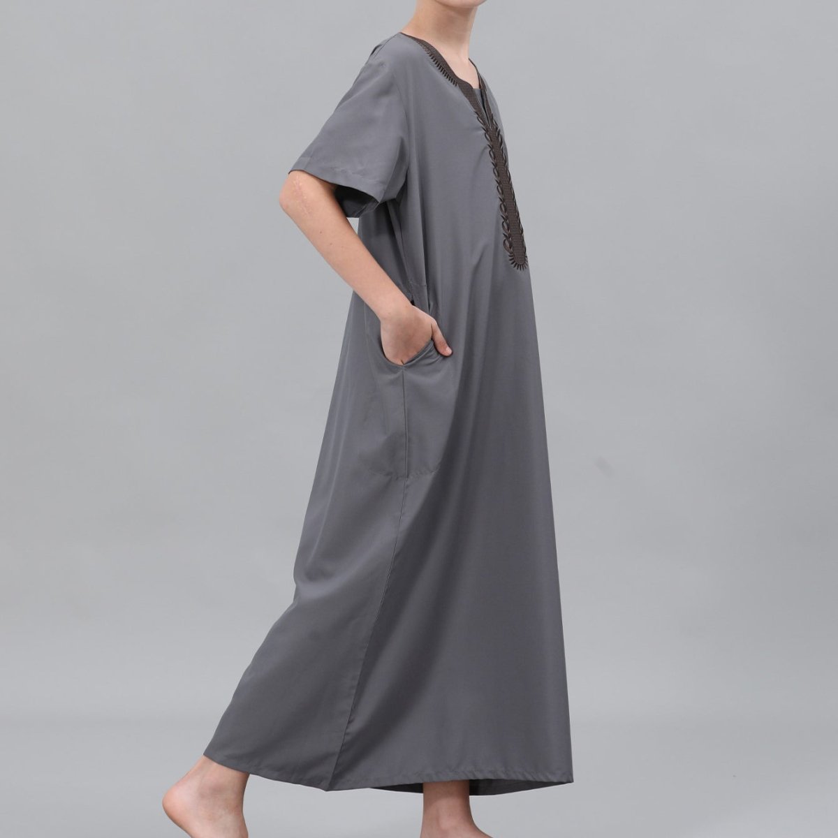 Boys' Jummah thobe with traditional embroidery pattern in slate gray