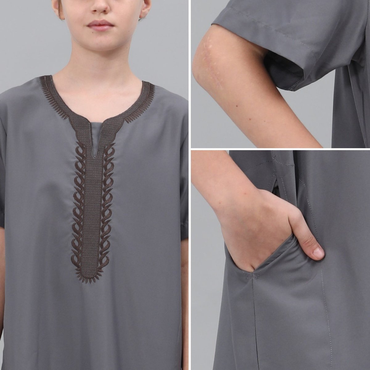 Size chart reference for boys' embroidered thobe with side pockets