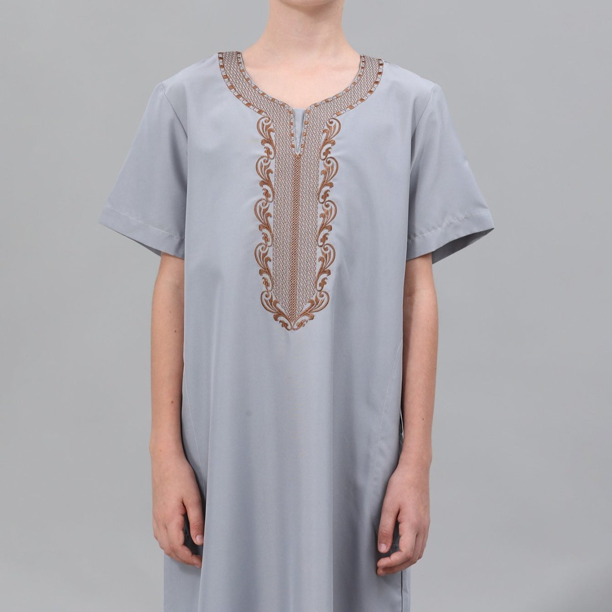 Boys' embroidered thobe for Eid, full-length front view in white