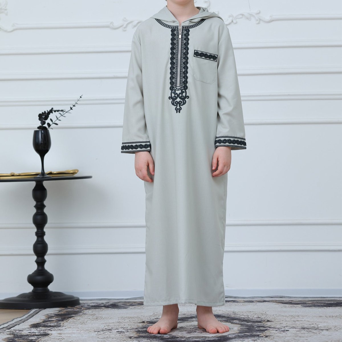 Boys' Hooded Embroidered Thobe with Pockets – Kids' Thobe