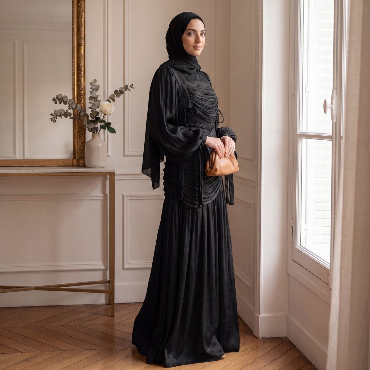 Side profile showing pleated skirt volume and fluid drape