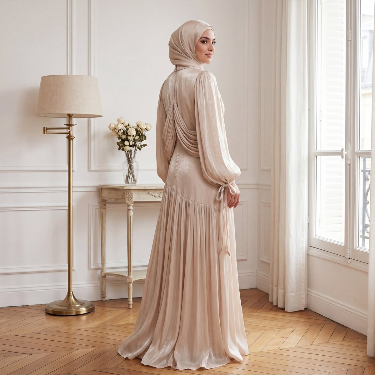 Hand-braided mock neck collar detail on luxury maxi dress