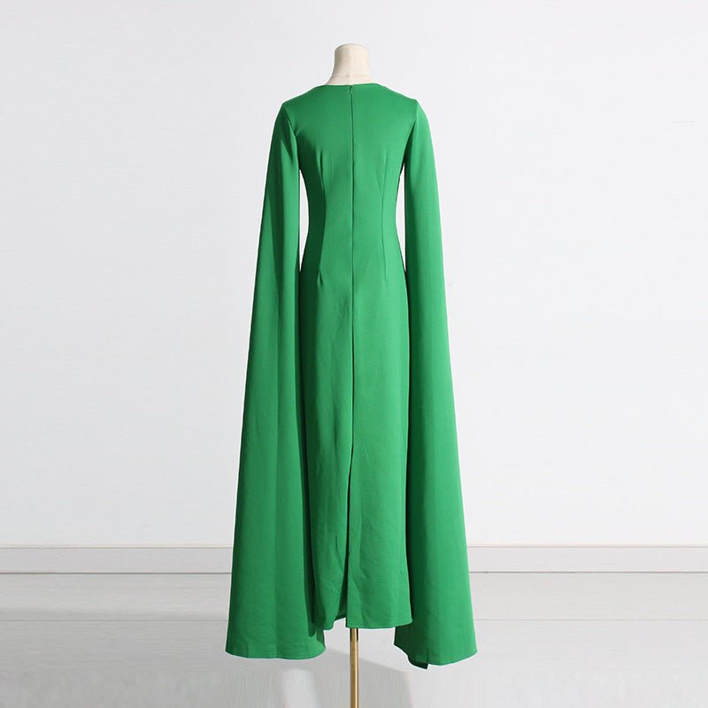 Cape Sleeve Evening Gown | Scalloped Neck Fitted Maxi Dress with Back Slit(MS217) - Mariam's Collection