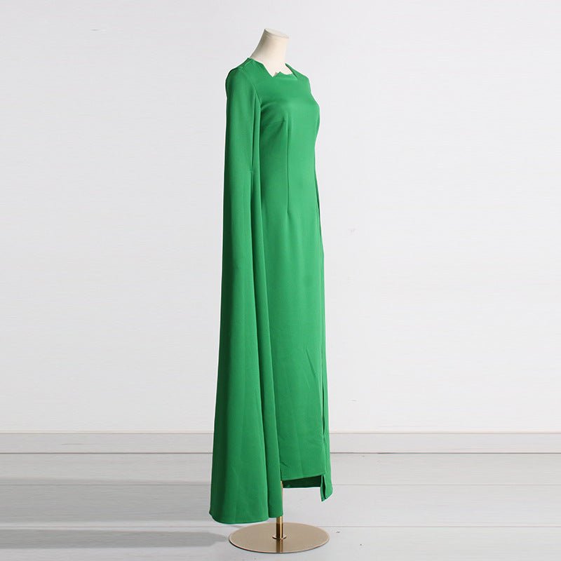 Cape Sleeve Evening Gown | Scalloped Neck Fitted Maxi Dress with Back Slit(MS217) - Mariam's Collection