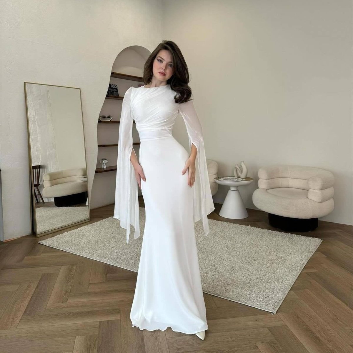 Cape Sleeve Gown with Tie - Back | Fitted Mermaid Maxi Dress(MS230) - Mariam's Collection