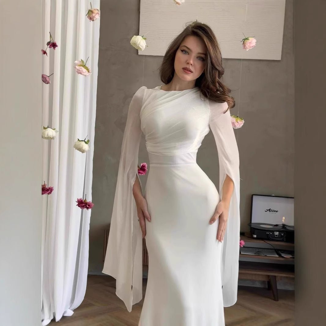 Cape Sleeve Gown with Tie - Back | Fitted Mermaid Maxi Dress(MS230) - Mariam's Collection