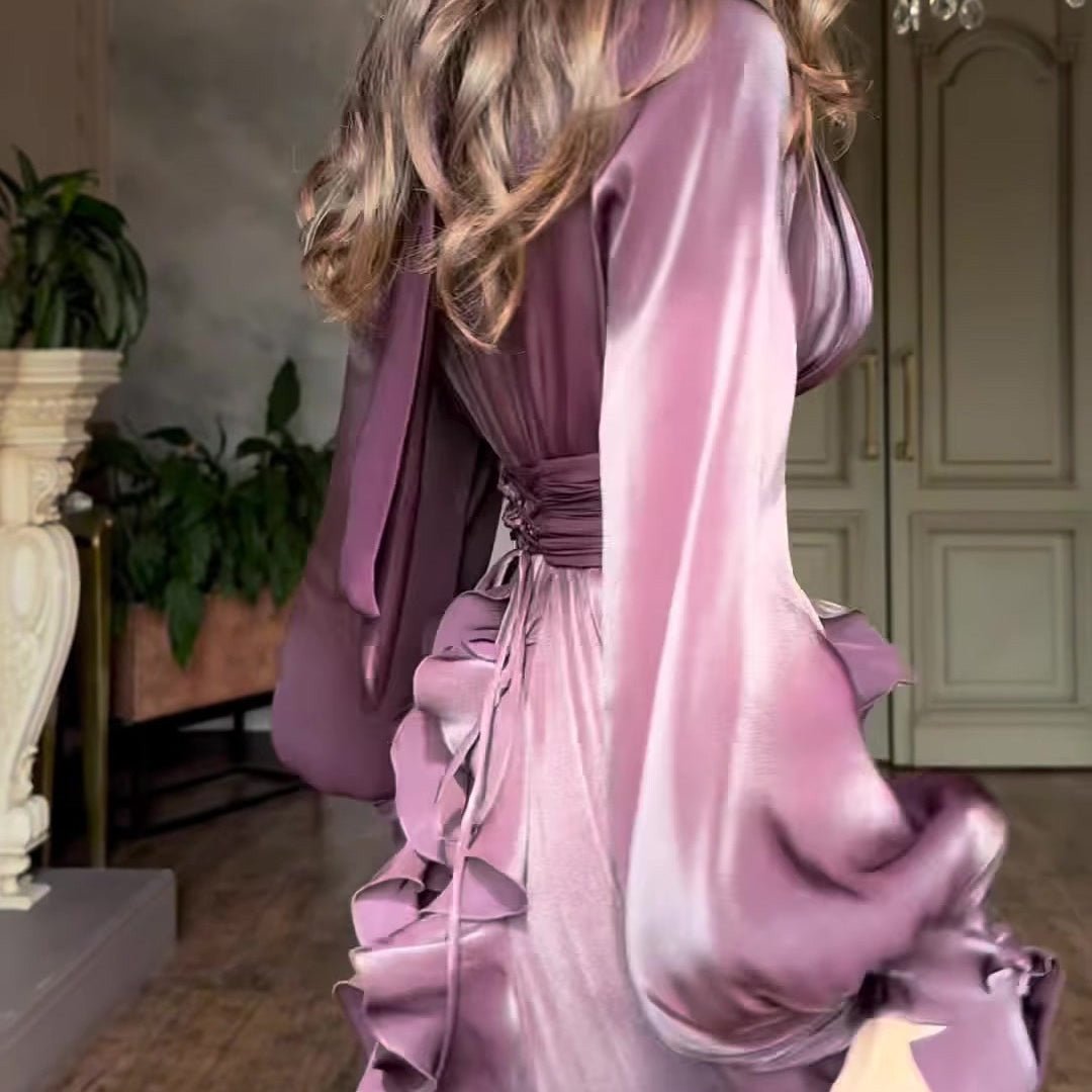 Cascading Ruffle Gown | High Neck Tie - Waist Maxi Dress(MS231) - Mariam's Collection